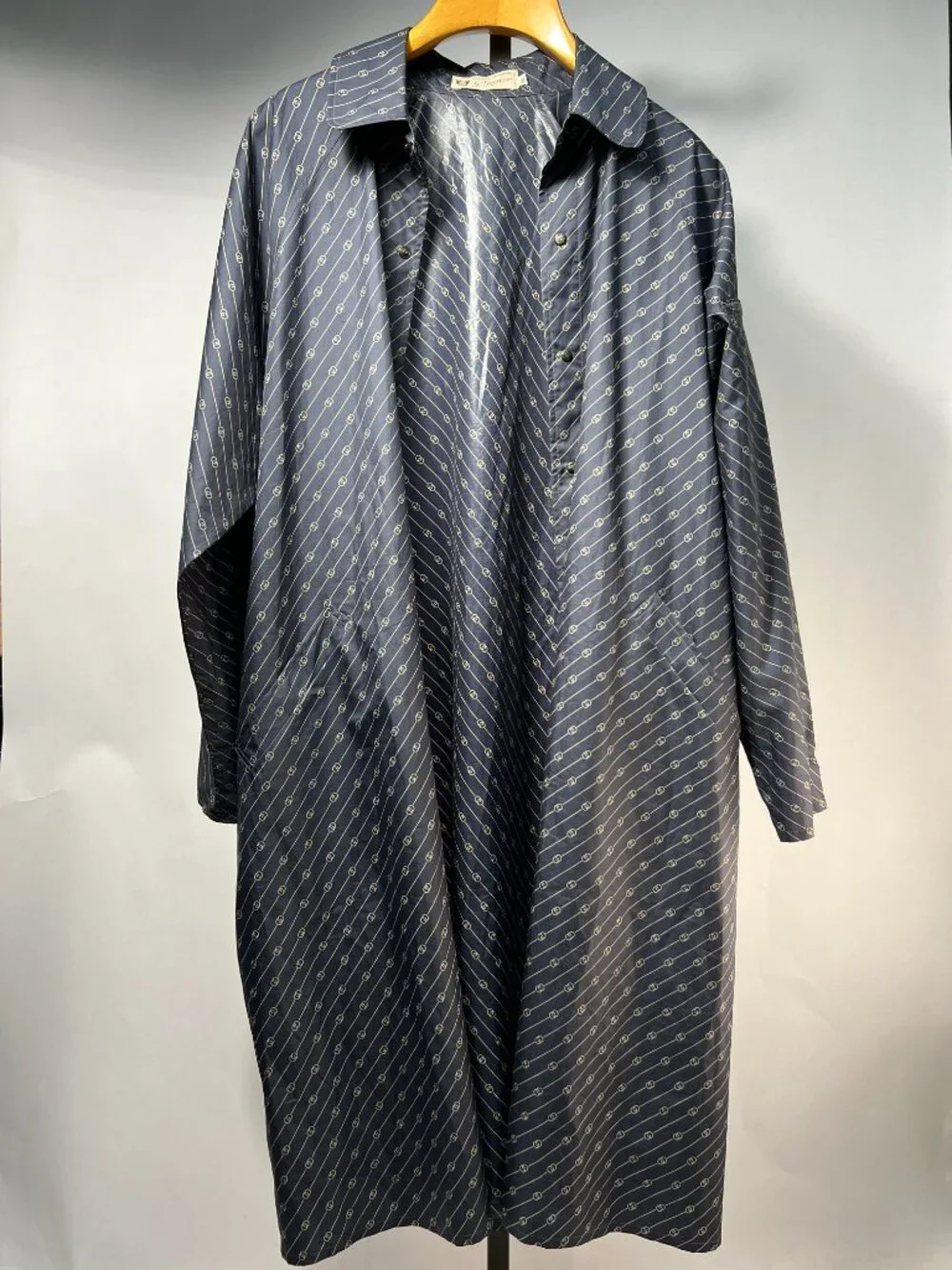RARE Vintage GUCCI Monogram Packable Travel Coat - Blue Grey Logo Print 80s M